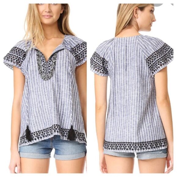 PARKER VALERIE LINEN BLEND STRIPED EMBROIDERED TOP - Picture 1 of 11